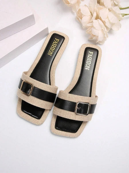 Women’s Summer Flat Sandals Square Toe Slip On Non-Slip Beach Slides Casual"