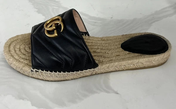 🖤 GUCCI Black Nappa Matelasse Gold GG Marmont Espadrille Slide Sandals 10 US 41