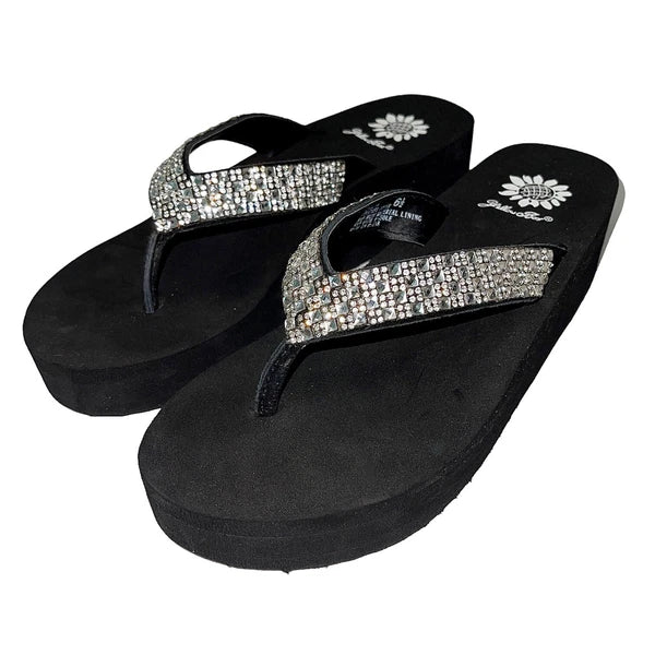 Yellow Box Flip Flops Womens 6.5 Black Clear Rhinestone Wedge Sandals Scalia