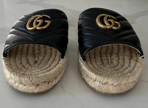 🖤 GUCCI Black Nappa Matelasse Gold GG Marmont Espadrille Slide Sandals 10 US 41