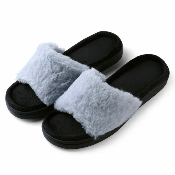 Aerusi Women Fashion Cozy Open Toe Slip-On Slippers Flat Indoor Bedroom Shoes