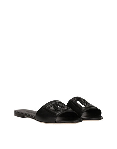 DOLCE&GABBANA Bianca $545 Black DG Leather Slides New And Authentic