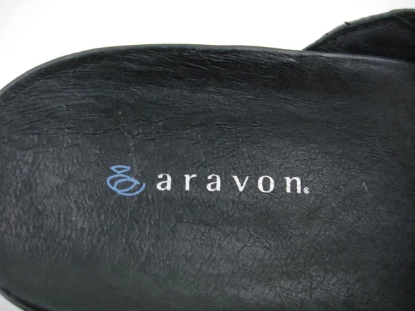 Women's 10 B M Aravon Petra Black Patent Leather Sandals Open Toe Slide Slip-On