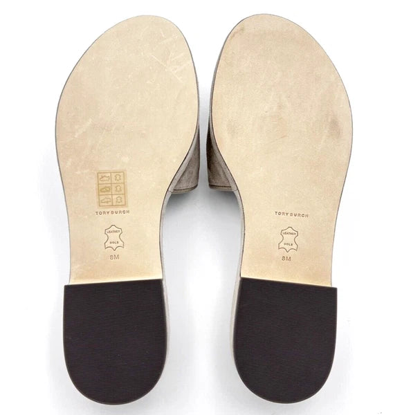 TORY BURCH ELEANOR HEELED SLIDE CRYSTAL LOGO GRAY HERON SUEDE SZ US 8 NIB