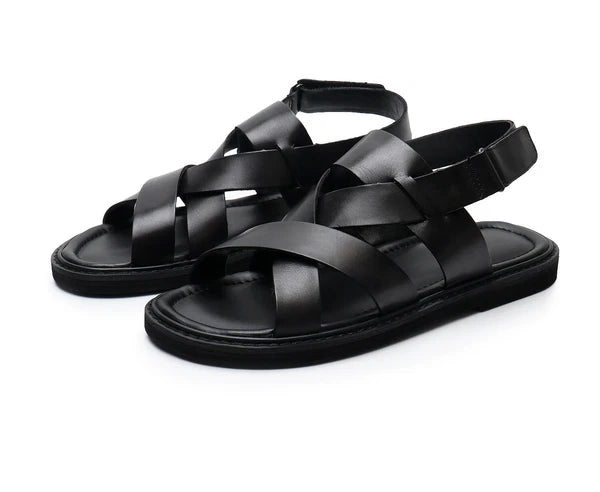 Open Toe Sandal Casual Real Leather Mens Beach Shoes Flats Roman Style Summer 44