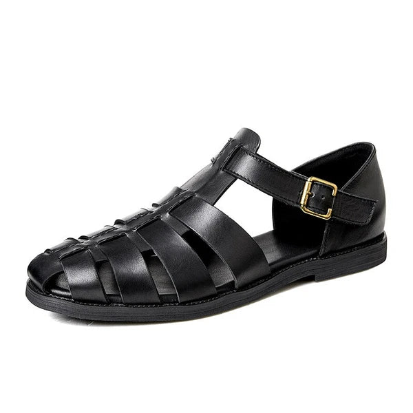 Roman Style Closed Toe Sandals Hollow Out Buckle Real Leather Men's Shoes Casual