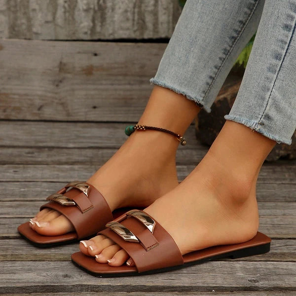 Women’s Summer Flat Sandals Square Toe Slip On Non-Slip Beach Slides Casual"