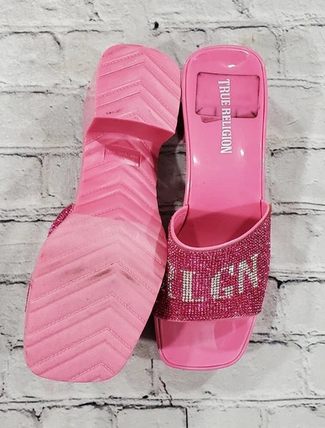True Religion Bling Silver Pink Stoned Sandals Block Heels WOMENS SIZE 11
