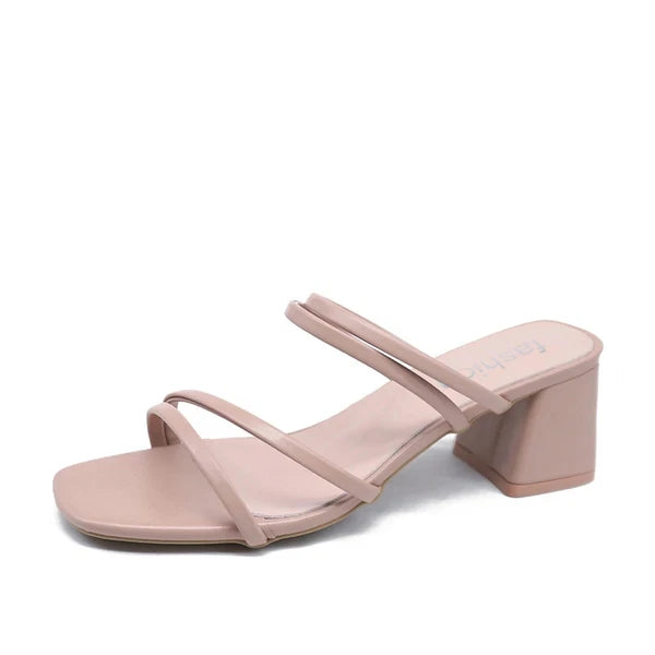 Women Sandal Square Heel Elegant Summer Slipper Outside CrossTied Leather Slides