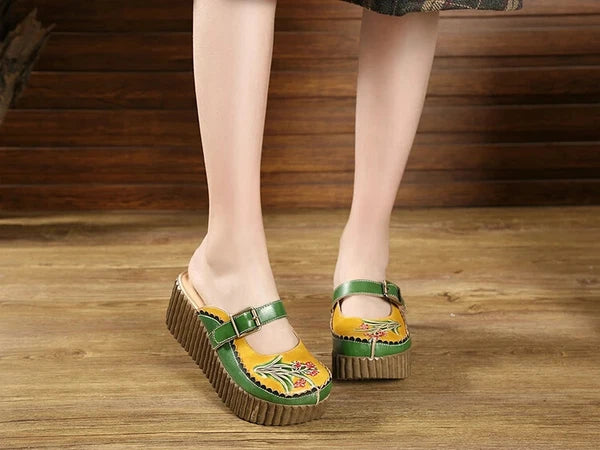 Wedge Slides Shoes Women Buckle Flower Cut Out Summer Leather Platform Slippers
