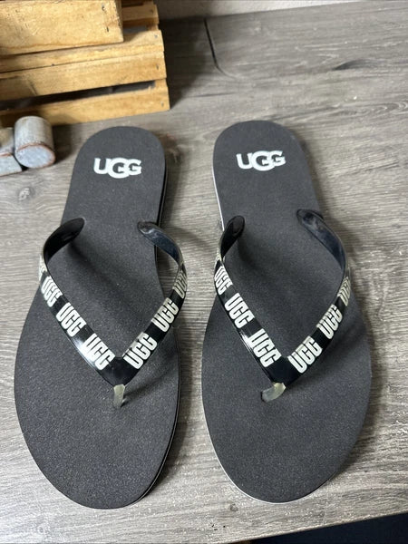 UGG Simi Damen Black/White Bold Logo Graphic Thong Flat Flip Flops 11 NWOT $49