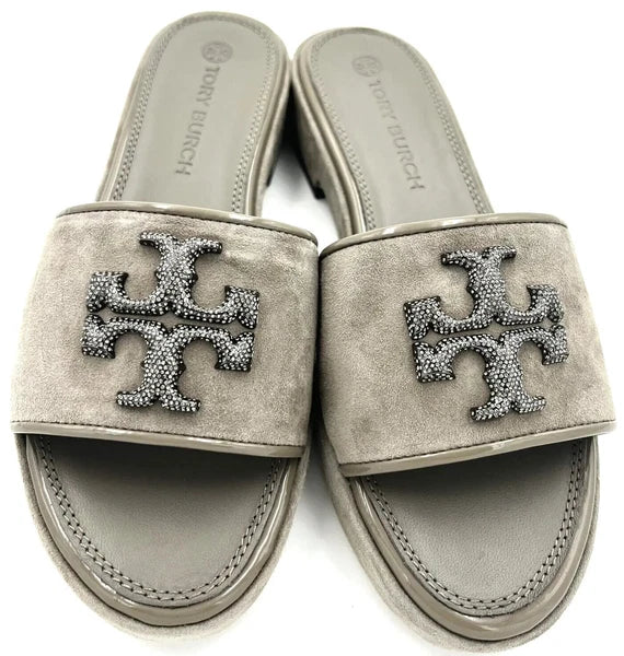 TORY BURCH ELEANOR HEELED SLIDE CRYSTAL LOGO GRAY HERON SUEDE SZ US 8 NIB