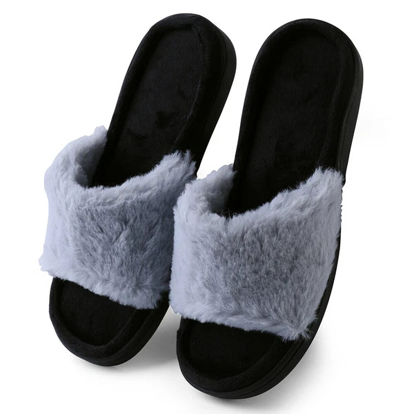 Aerusi Women Fashion Cozy Open Toe Slip-On Slippers Flat Indoor Bedroom Shoes