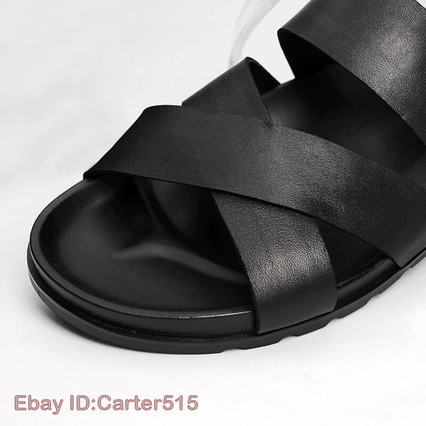 Open Toe Sandals Slingbacks Buckle Real Leather Men's Beach Shoes Roman Style 43