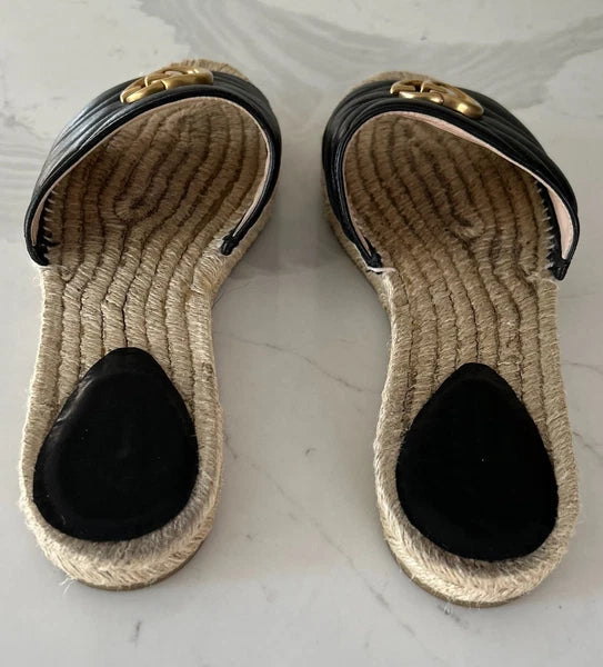 🖤 GUCCI Black Nappa Matelasse Gold GG Marmont Espadrille Slide Sandals 10 US 41