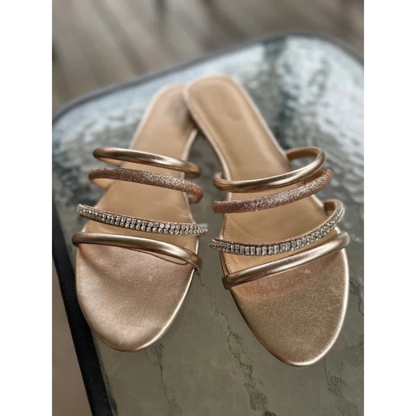Jewel Badgley Mischka Sandals Rhinestone Straps Slides Sparkle Gold 9.5
