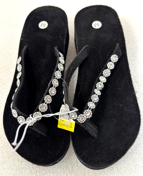 Wedge Sandals Women Flip Flops Rhinestone Sparkle Black & Pink Sequin Size 4