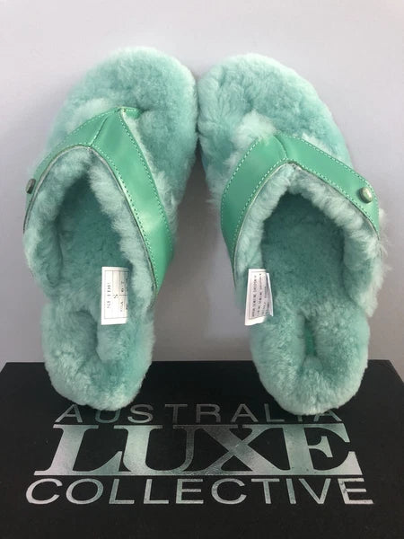 AUSTRALIA LUXE Slide Sheepskin Flip Flops Turquoise Flat Leather Sandals *S/ 6-7