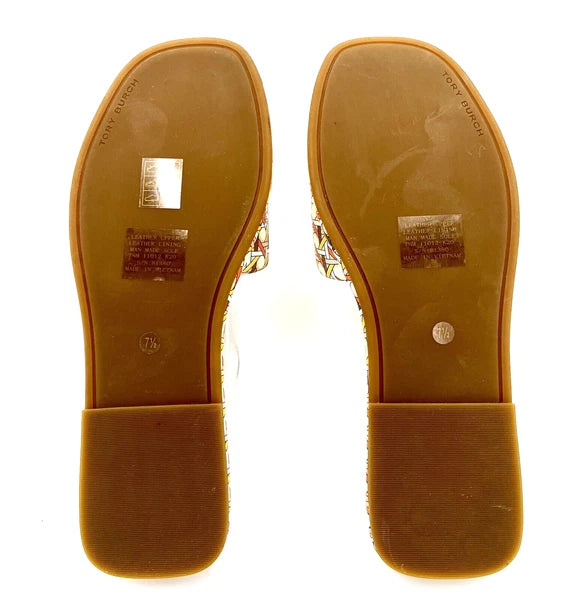 TORY BURCH DOUBLE T SPORT SLIDE SANDAL LEATHER MULTI PINK CANING/LOGO SZ 7.5 NIB