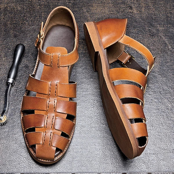 Roman Style Closed Toe Sandals Hollow Out Buckle Real Leather Men's Shoes Casual