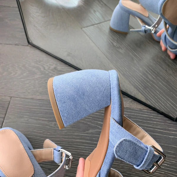Women's Fashion Denim Buckle Straps Open Toe Block Heel Sandal Shoes Mules SUNS
