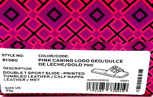 TORY BURCH DOUBLE T SPORT SLIDE SANDAL LEATHER MULTI PINK CANING/LOGO SZ 7.5 NIB