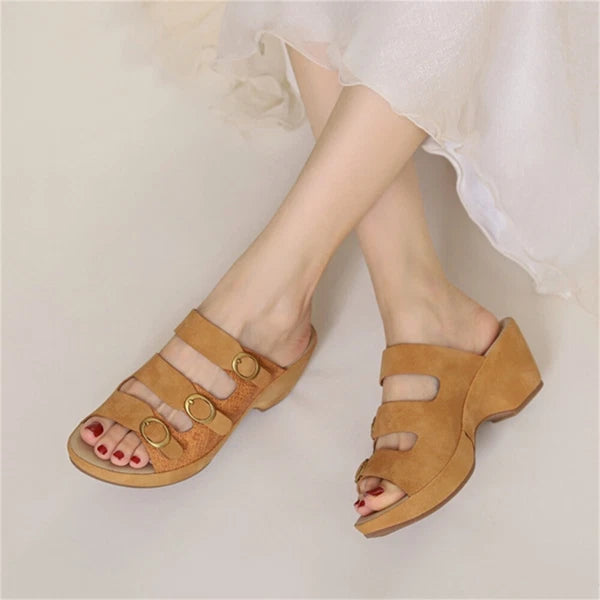 Women's Platform Chunky Heel Roman Clog Sandals Fashion Buckle Cut Out Slides