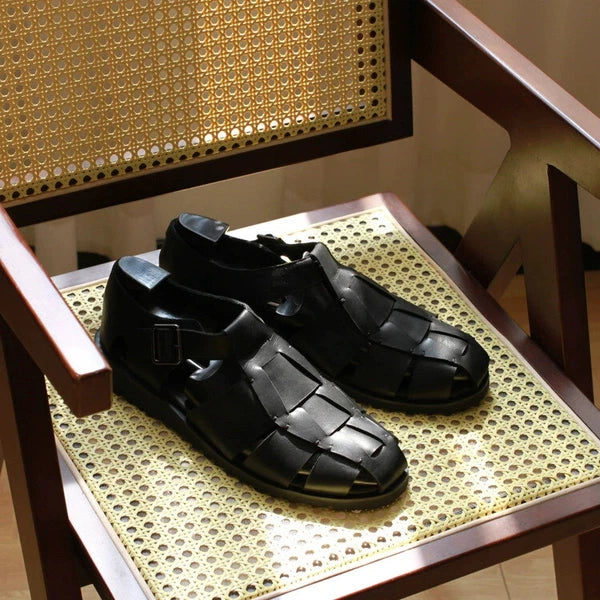 Retro Roman Style Closed Toe Sandals Buckle Real Leather Knit Mens Shoes Summer