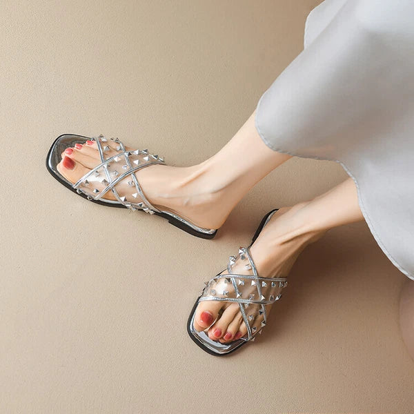 Womens Fashion Transparent Studs Crossover Beach Slipper Sandal Shoes Mules b95