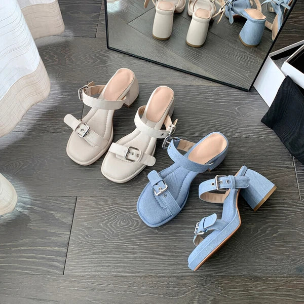 Women's Fashion Denim Buckle Straps Open Toe Block Heel Sandal Shoes Mules SUNS