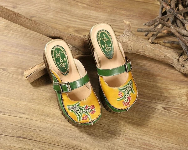 Wedge Slides Shoes Women Buckle Flower Cut Out Summer Leather Platform Slippers