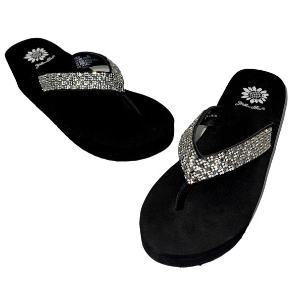 Yellow Box Flip Flops Womens 6.5 Black Clear Rhinestone Wedge Sandals Scalia
