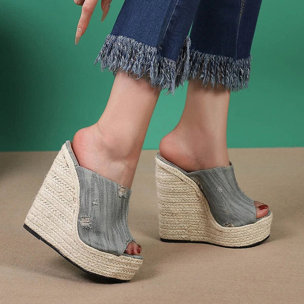 Women's Hemp Rope Weaving High Wedge Heel Slip On Slippers Denim Jeans Hole Mule