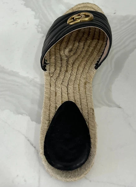 🖤 GUCCI Black Nappa Matelasse Gold GG Marmont Espadrille Slide Sandals 10 US 41