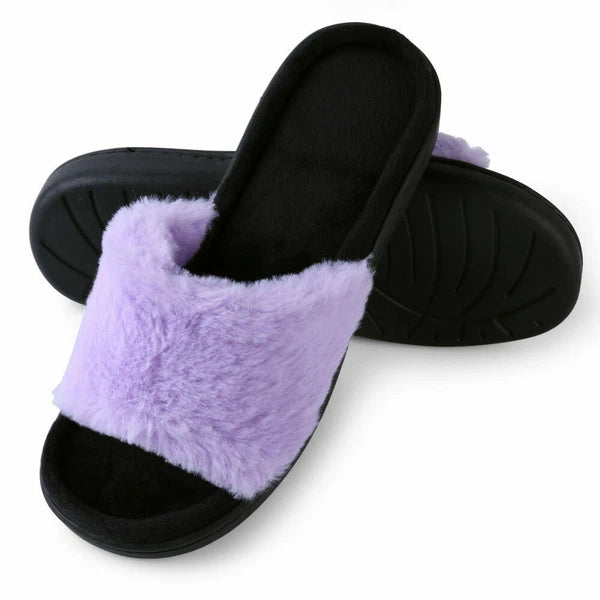 Aerusi Women Fashion Cozy Open Toe Slip-On Slippers Flat Indoor Bedroom Shoes