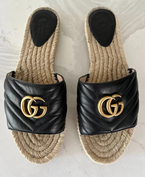 🖤 GUCCI Black Nappa Matelasse Gold GG Marmont Espadrille Slide Sandals 10 US 41