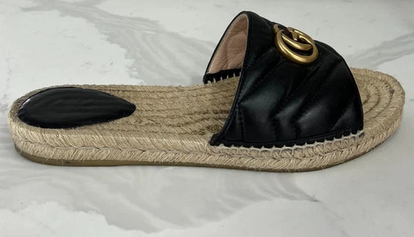 🖤 GUCCI Black Nappa Matelasse Gold GG Marmont Espadrille Slide Sandals 10 US 41