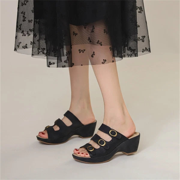 Women's Platform Chunky Heel Roman Clog Sandals Fashion Buckle Cut Out Slides