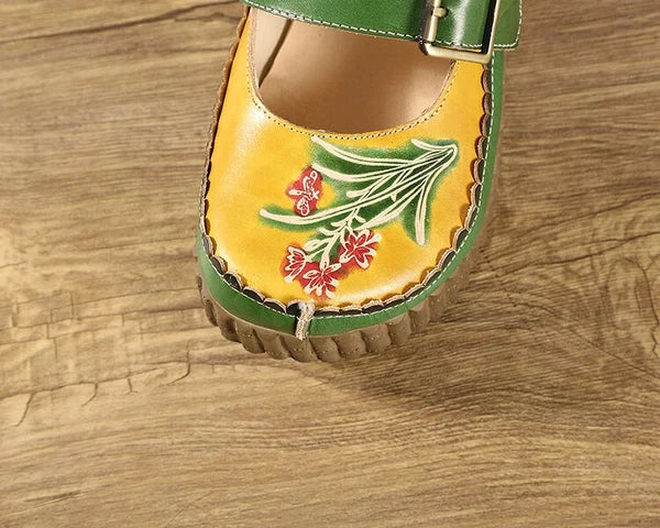 Wedge Slides Shoes Women Buckle Flower Cut Out Summer Leather Platform Slippers