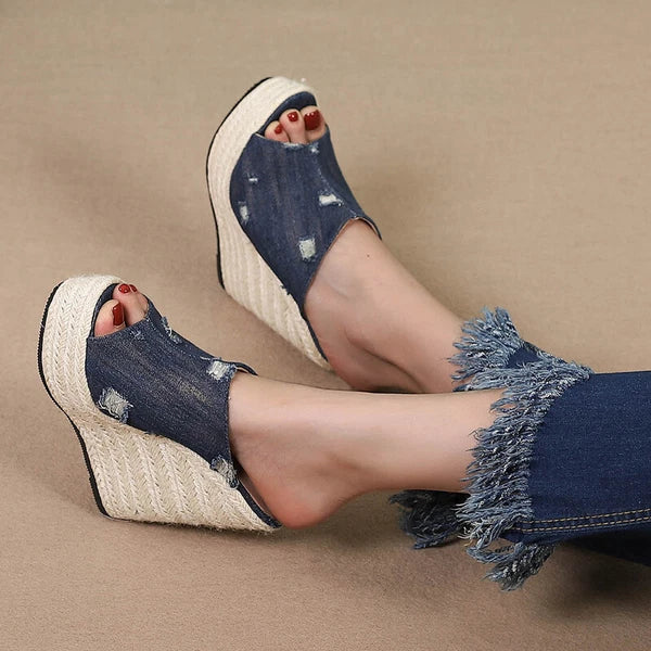 Women's Hemp Rope Weaving High Wedge Heel Slip On Slippers Denim Jeans Hole Mule