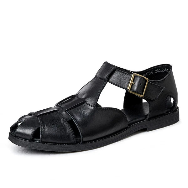 Roman Style Closed Toe Sandals Hollow Out Buckle Real Leather Men's Shoes Casual
