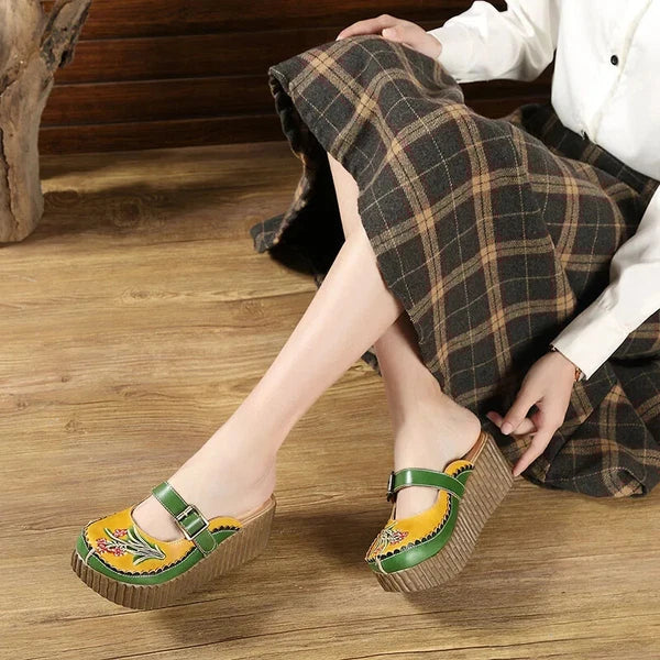 Wedge Slides Shoes Women Buckle Flower Cut Out Summer Leather Platform Slippers