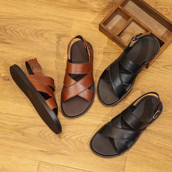 Mens Slingback Sandals Open Toe Real Leather Cowhide Strap Flats Summer Shoes sz