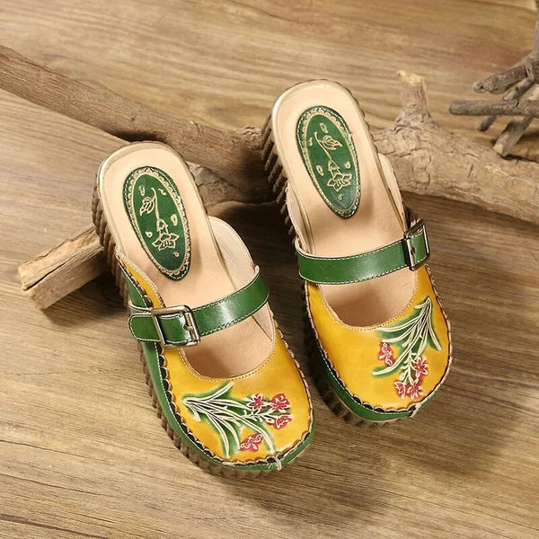 Wedge Slides Shoes Women Buckle Flower Cut Out Summer Leather Platform Slippers