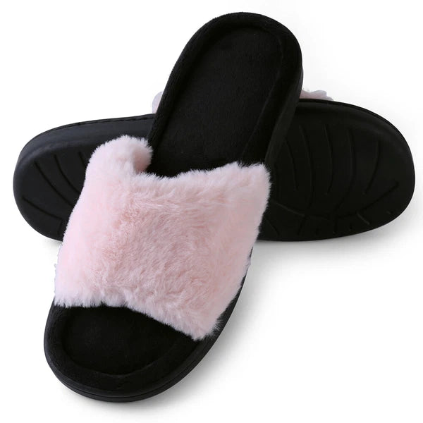 Aerusi Women Fashion Cozy Open Toe Slip-On Slippers Flat Indoor Bedroom Shoes