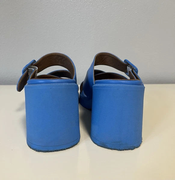 Bueno Leather Heeled Slide Sandals Milan style color blue EU40 US9.5 est 70s mod