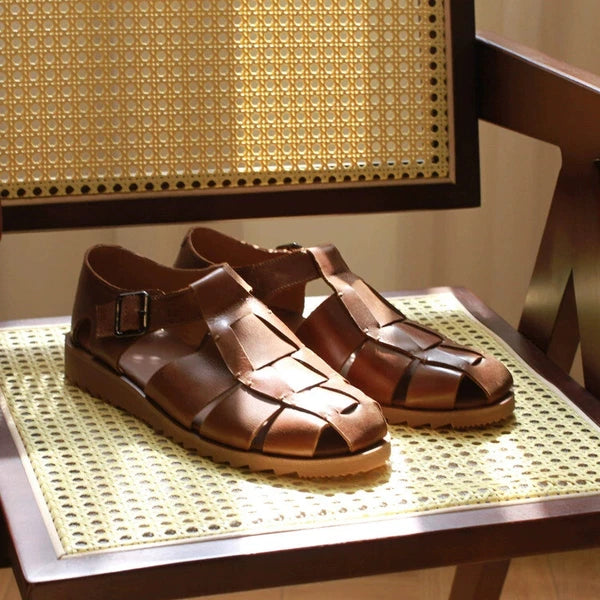 Retro Roman Style Closed Toe Sandals Buckle Real Leather Knit Mens Shoes Summer