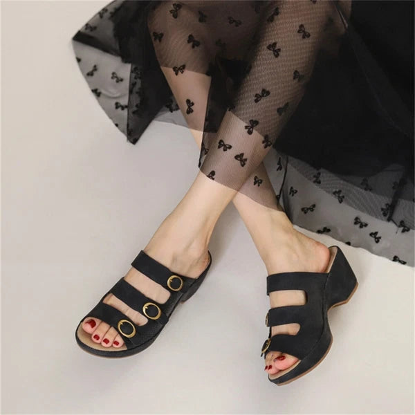 Women's Platform Chunky Heel Roman Clog Sandals Fashion Buckle Cut Out Slides