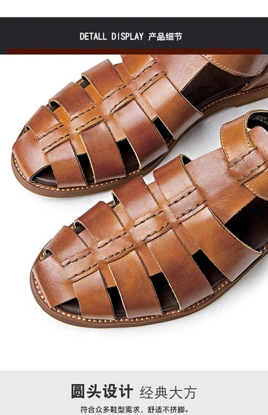 Roman Style Closed Toe Sandals Hollow Out Buckle Real Leather Men's Shoes Casual