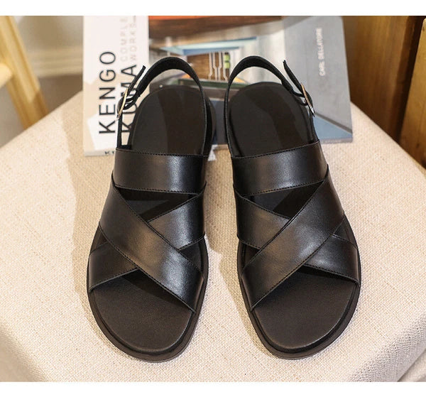 Mens Slingback Sandals Open Toe Real Leather Cowhide Strap Flats Summer Shoes sz